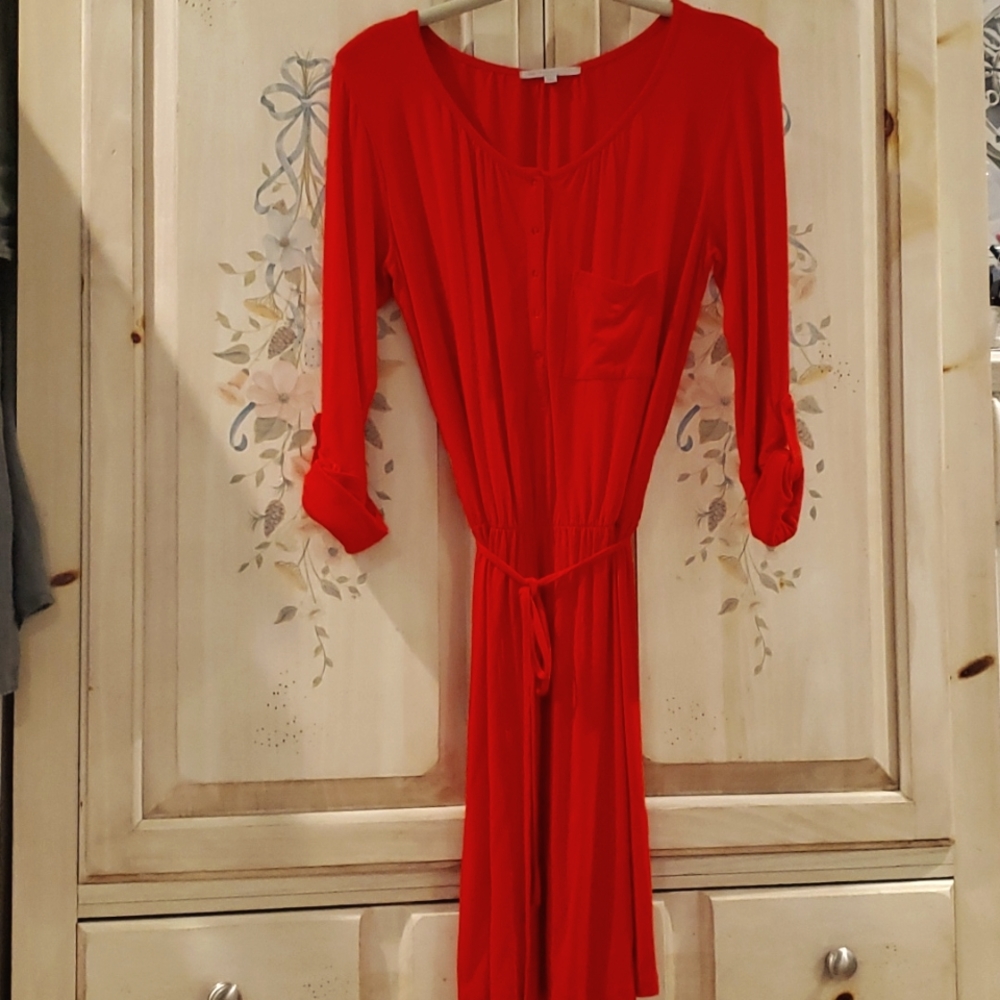 Dress button front xs red casual rayon spandex